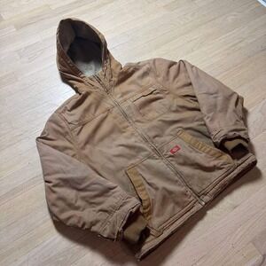 Dickies Mens Sherpa Lined Hooded Duck Canvas Work Jacket Brown Distressed XL